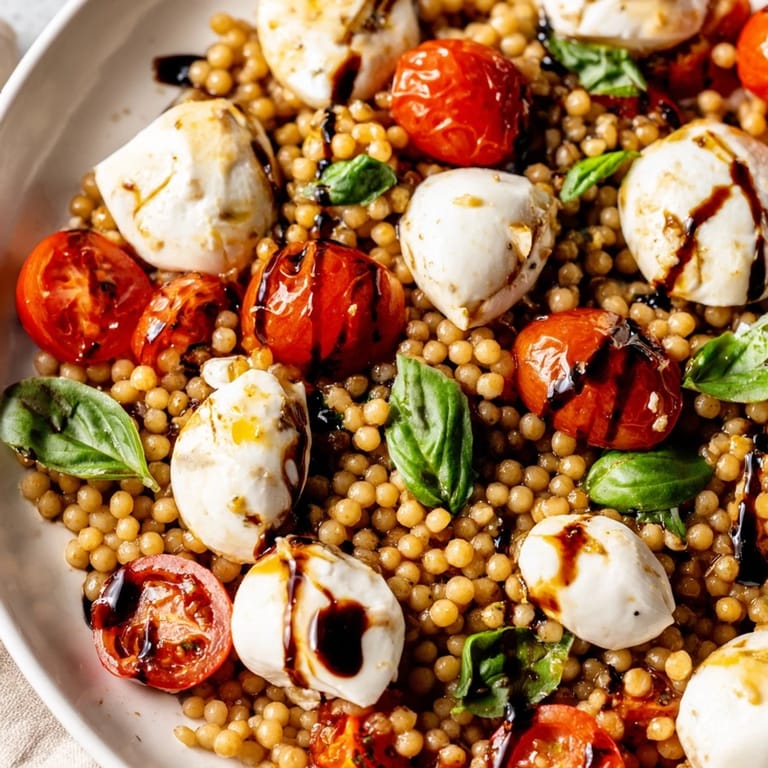 Freshly tossed Caprese Couscous Salad on a rustic platter, with vibrant red tomatoes, creamy mozzarella, and fragrant torn basil leaves.