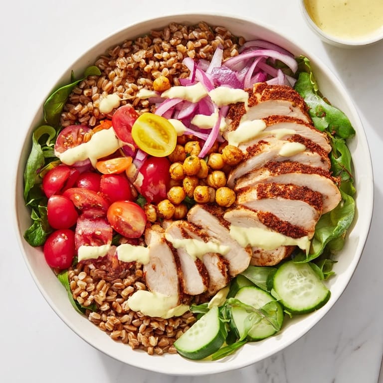 Sliced roasted chicken rests on hearty farro and mixed greens, with cucumbers and tomatoes adding fresh color to this nourishing Lemon Tahini Chicken Power Bowl.