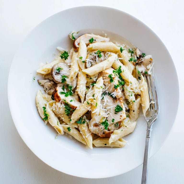 A serving of Roasted Garlic Chicken Penne paired with a glass of white wine, highlighting its rich, creamy texture.
