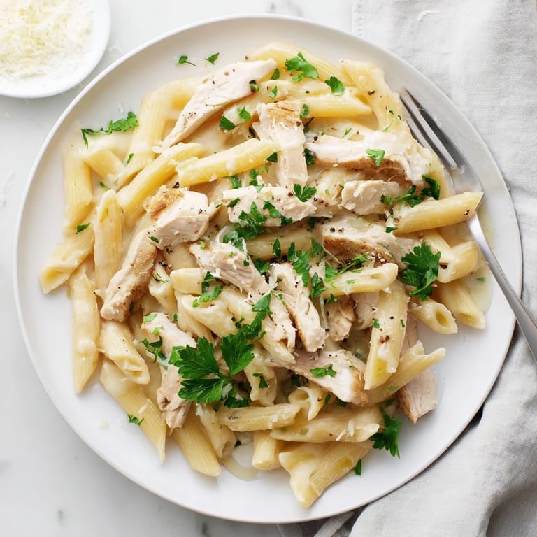 An overhead view of Roasted Garlic Chicken Penne with tender chicken pieces and roasted garlic cloves in a skillet.  