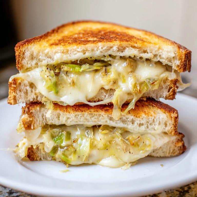 Havarti & Caramelized Leek Grilled Cheese slices reveal gooey cheese and tender leeks on a rustic wooden board.  