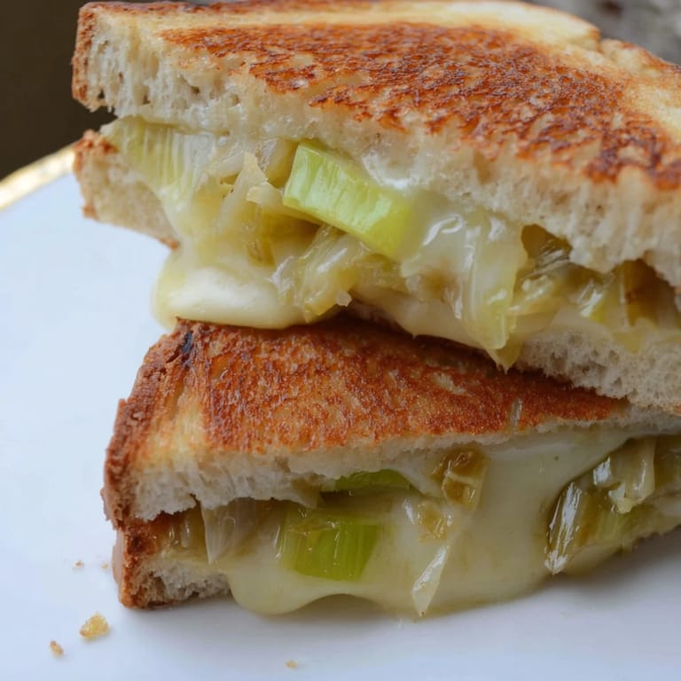 Perfectly grilled Havarti & Caramelized Leek Grilled Cheese sandwich, crispy crust and melty interior, ready to enjoy.