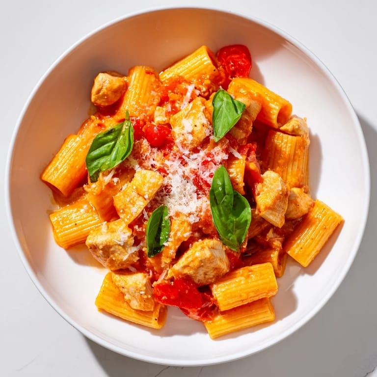 Steaming bowl of Tomato Basil Chicken Pasta garnished with Parmesan cheese and basil leaves, a colorful Italian-inspired main dish ready to serve.