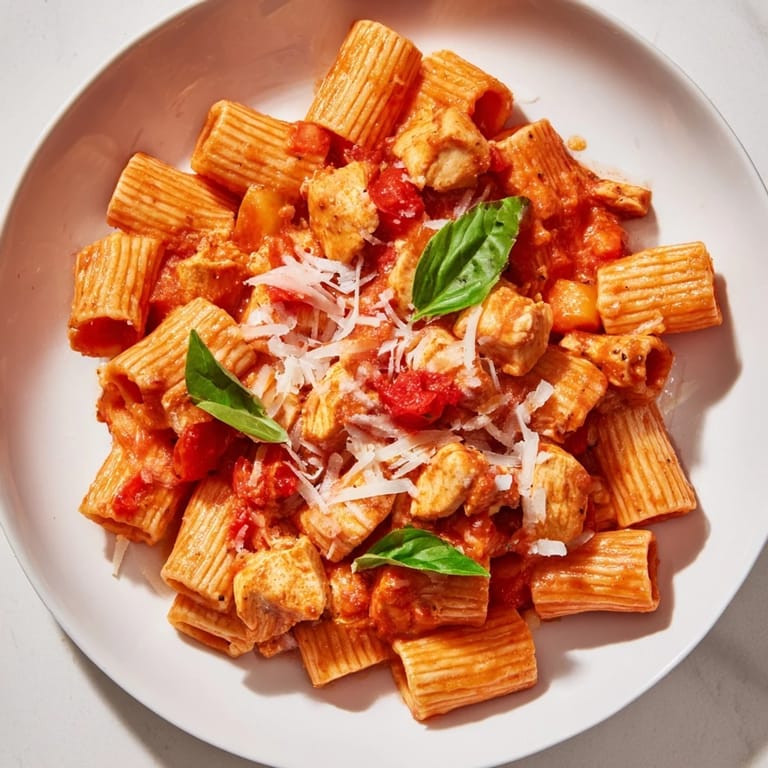 Overhead view of freshly cooked Tomato Basil Chicken Pasta in a skillet, highlighting the juicy diced tomatoes and herbs in a quick 40-minute meal.