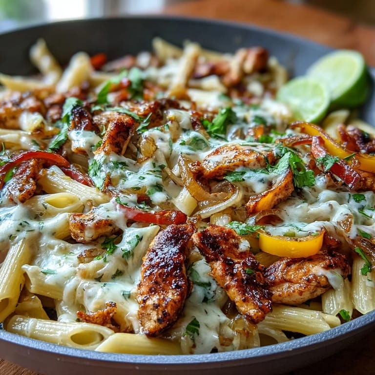 One-skillet Fajita Chicken Pasta dish, a quick and delicious Tex-Mex family meal.