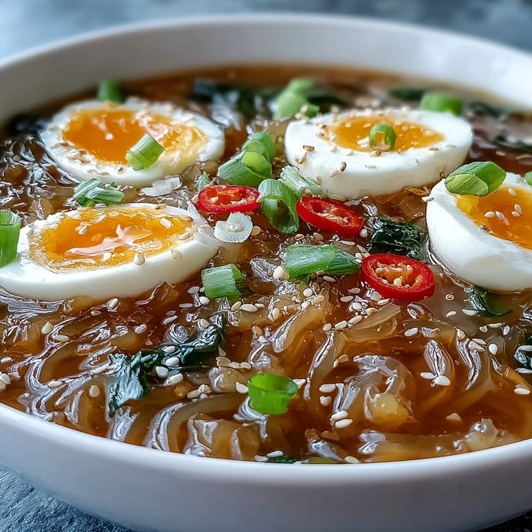 Shirataki Noodles with Broth: warm, savory broth cradling tender noodles and optional egg.