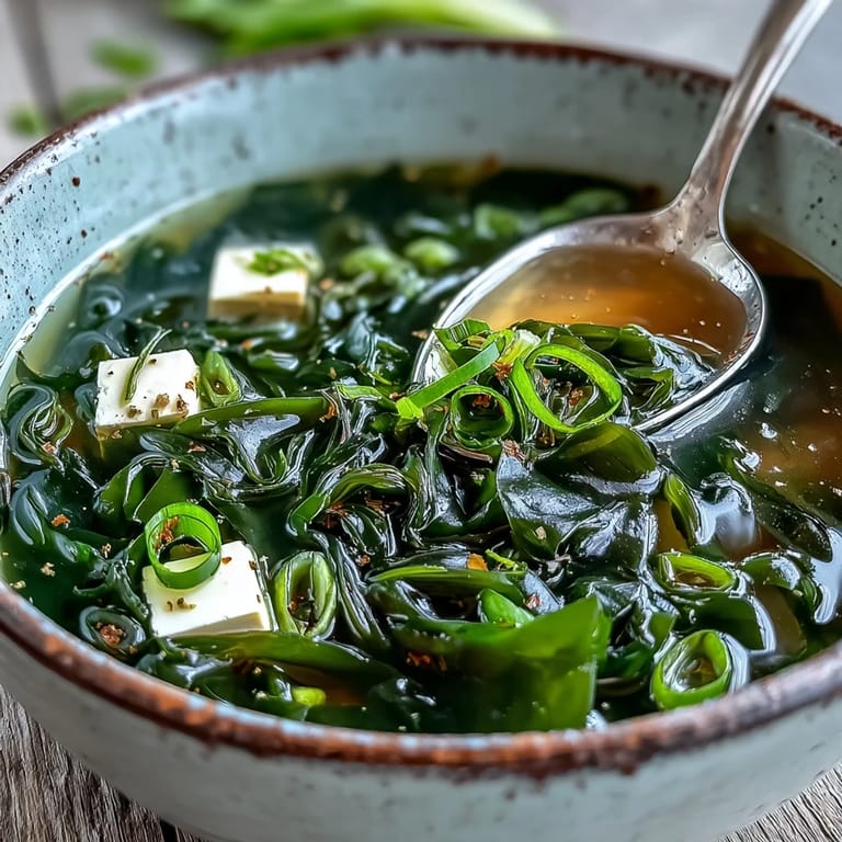 Healthy Japanese wakame soup, comforting with silken tofu, ready to serve.