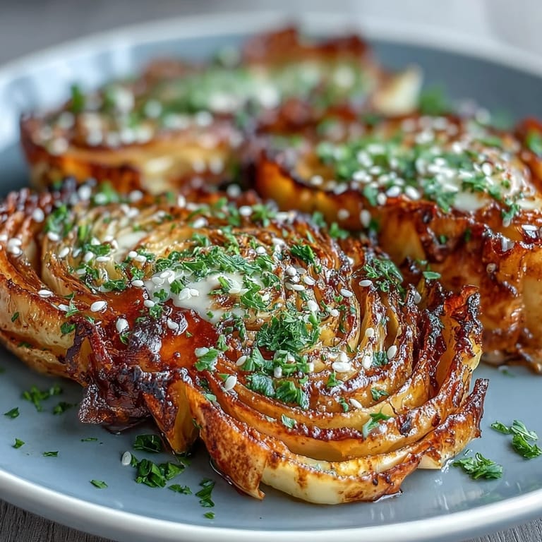 Caramelized cabbage steaks with vibrant green parsley and nutty tahini, ready to serve.