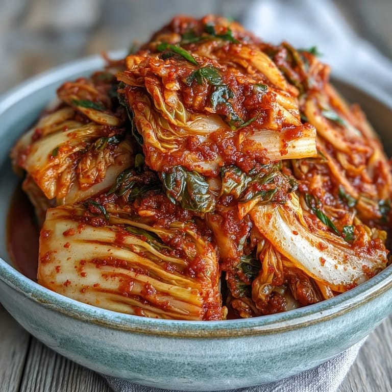Close-up of bright red kimchi, ready for spicy, probiotic-rich enjoyment.