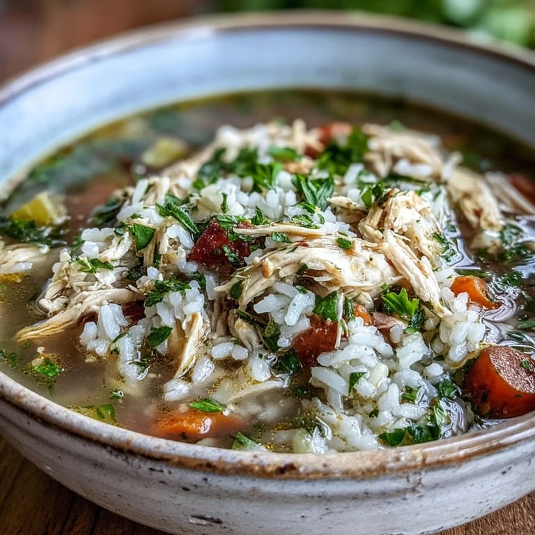 A ladle serving of Cozy Winter Chicken and Rice Soup with tender chicken and carrots.