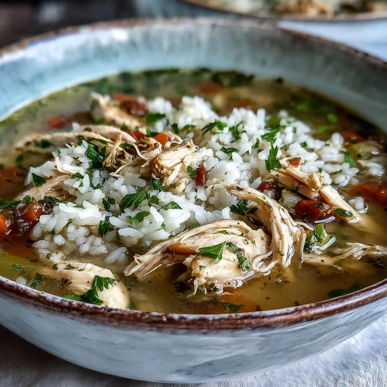 A steaming pot of Cozy Winter Chicken and Rice Soup next to crusty bread.