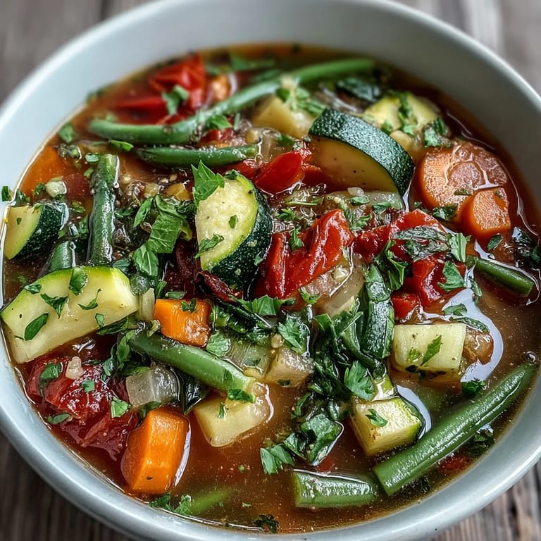 A simmering pot of Italian Herb Vegetable Soup with fresh spinach and aromatic herbs, ready to serve hot.