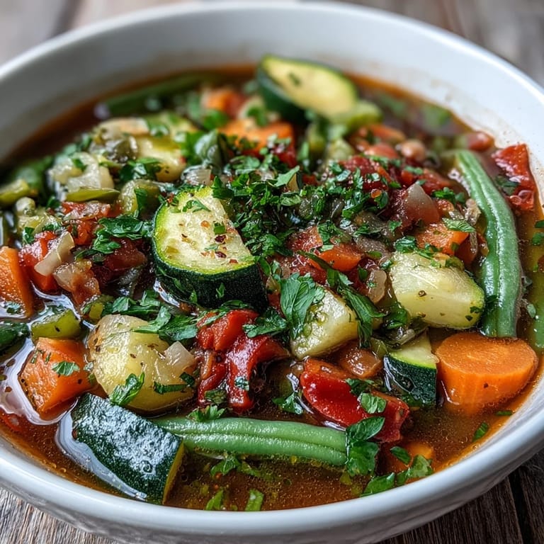 Close-up of Italian Herb Vegetable Soup, showing tender beans and colorful vegetables in a rich tomato broth.