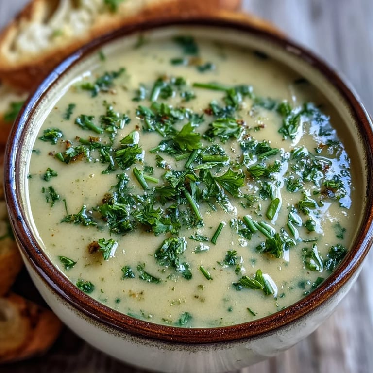 Close-up of roasted garlic and herb soup in a rustic bowl, steam rising from the velvety, herb-flecked surface.