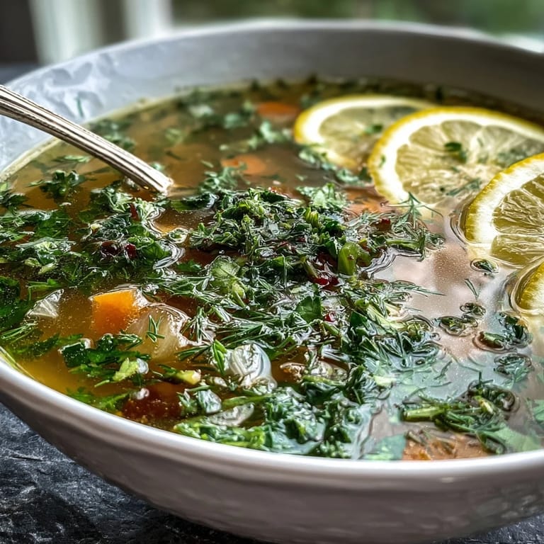 A bright green bowl of Lemon Herb Soup garnished with fresh herbs and lemon zest. 