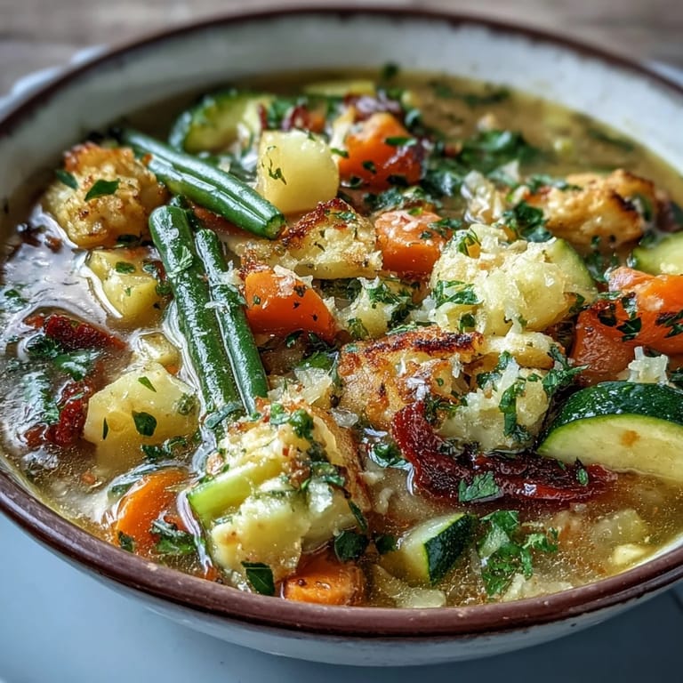 A close-up of ladle scooping hearty Parmesan Veggie Soup with diced carrots, zucchini, and melting cheese.