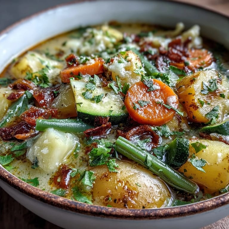 Served hot Parmesan Veggie Soup in a rustic bowl next to a chunk of Parmesan rind and bread.