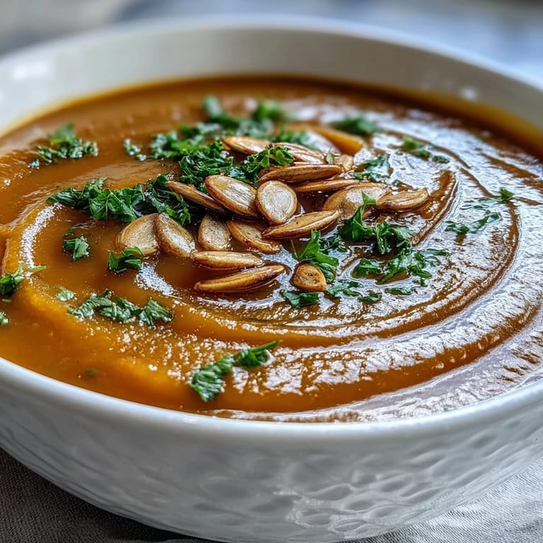 Autumn pumpkin soup topped with fresh parsley and pumpkin seeds served alongside crusty artisan bread.