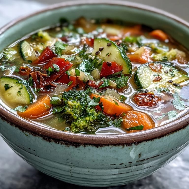 Seven vibrant vegetables in a clear broth showcase this wholesome ginger vegetable soup, ready to be enjoyed.