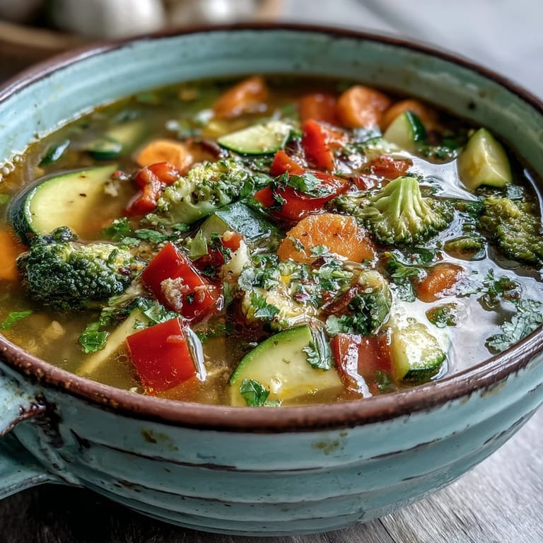 Close-up of ginger vegetable soup showing tender broccoli and colorful peppers, ideal for a light vegan lunch.