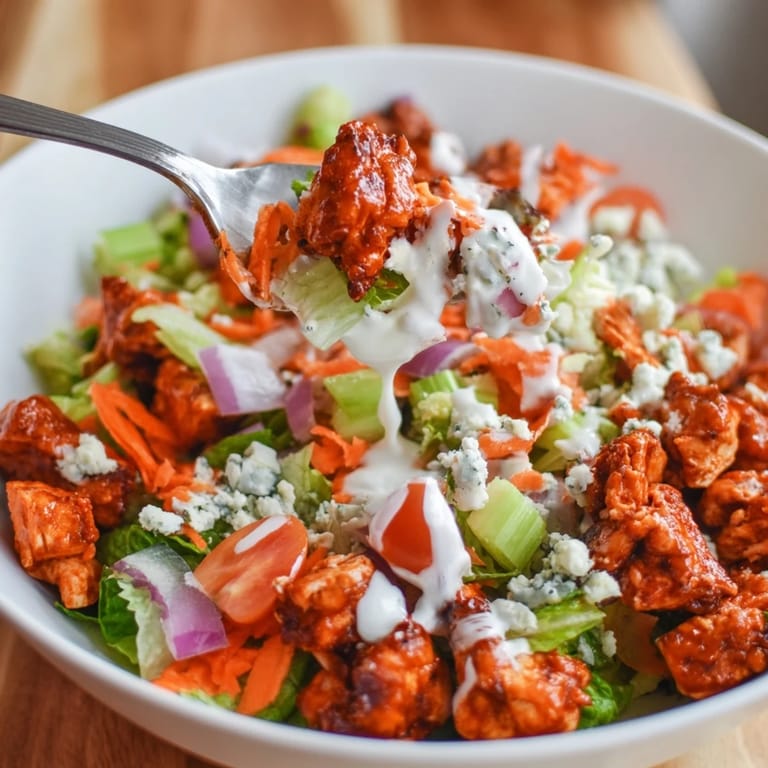 A hearty bowl of Buffalo Chicken Chopped Salad topped with shredded carrots and cherry tomatoes, ready for a quick lunch.