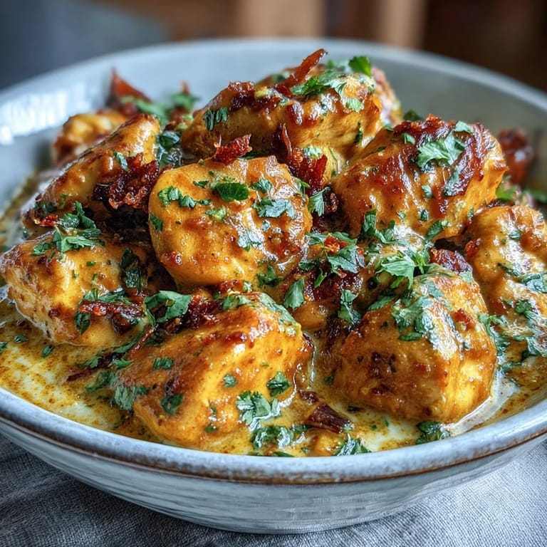 Family-style bowl of Easy Chicken Curry garnished with cilantro, served with warm naan for a comforting weeknight dinner.