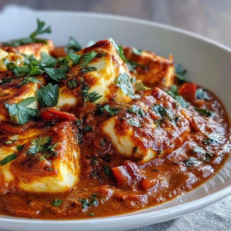 A family-friendly creamy halloumi and tomato curry in a white bowl, featuring golden cheese and warm naan on the side.