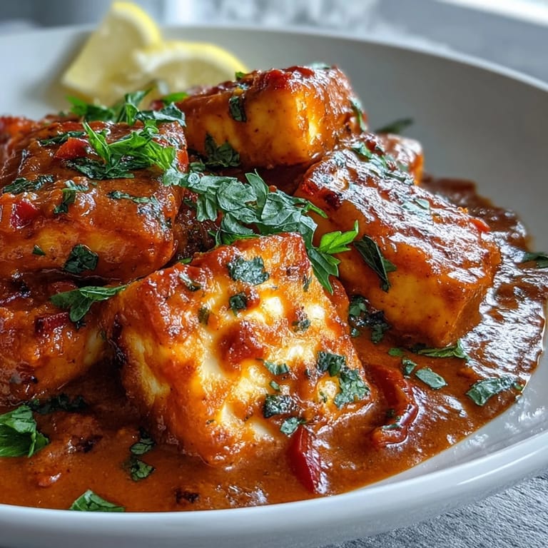 A vibrant, aromatic creamy halloumi and tomato curry garnished with cilantro, with lemon wedges for a bright, tangy finish.