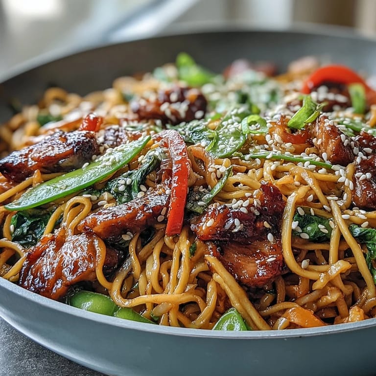 Freshly cooked Pork Noodle Stir-Fry featuring tender pork loin, crisp sugar snap peas, and carrots, garnished with sesame seeds and green onions.