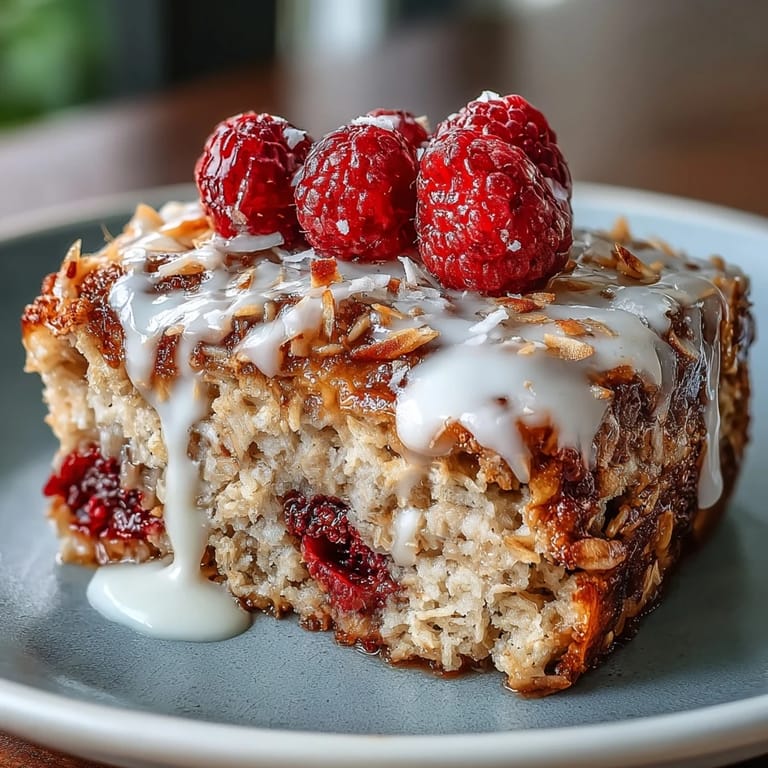 This wholesome baked oatmeal with raspberry and coconut is studded with toasted coconut flakes and juicy berries.
