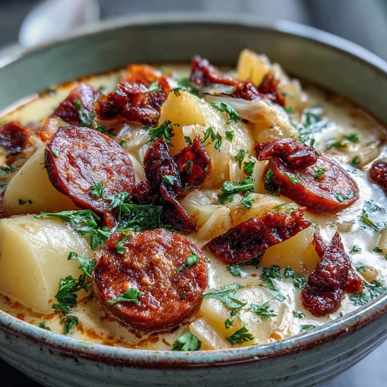 Creamy Potato, Leek and Chorizo Soup simmering in a rustic pot, highlighting the vibrant green leeks and smoky sausage.
