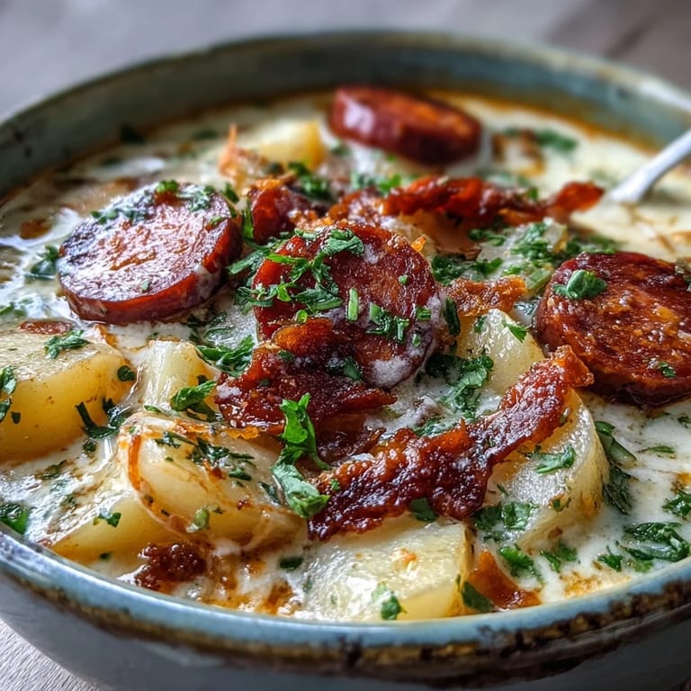 Spoon lifting a ladle of rich Potato, Leek and Chorizo Soup, revealing tender potatoes and a velvety broth.