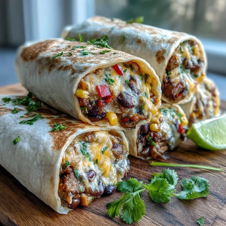 Close-up of warm flour tortilla veggie burritos stuffed with corn, peppers, and fresh cilantro, served with salsa.