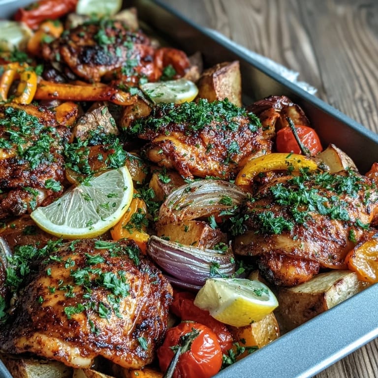Roasted Chicken and Sweet Potato Traybake garnished with fresh parsley and lemon wedges, served family-style for a healthy dinner.