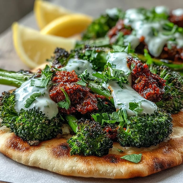 Spicy harissa broccoli roasted and served on flatbreads with lemon wedges, ready for a vibrant and easy weeknight vegetarian dinner.