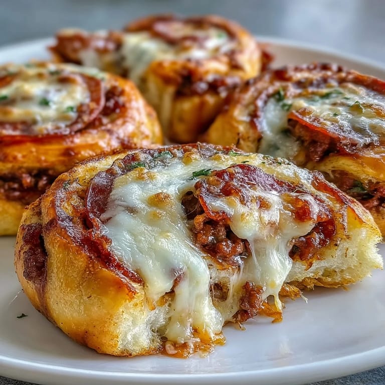 Freshly baked Irresistible High Protein Pepperoni Pizza Rolls with melty cheese pulled apart in a rustic kitchen.