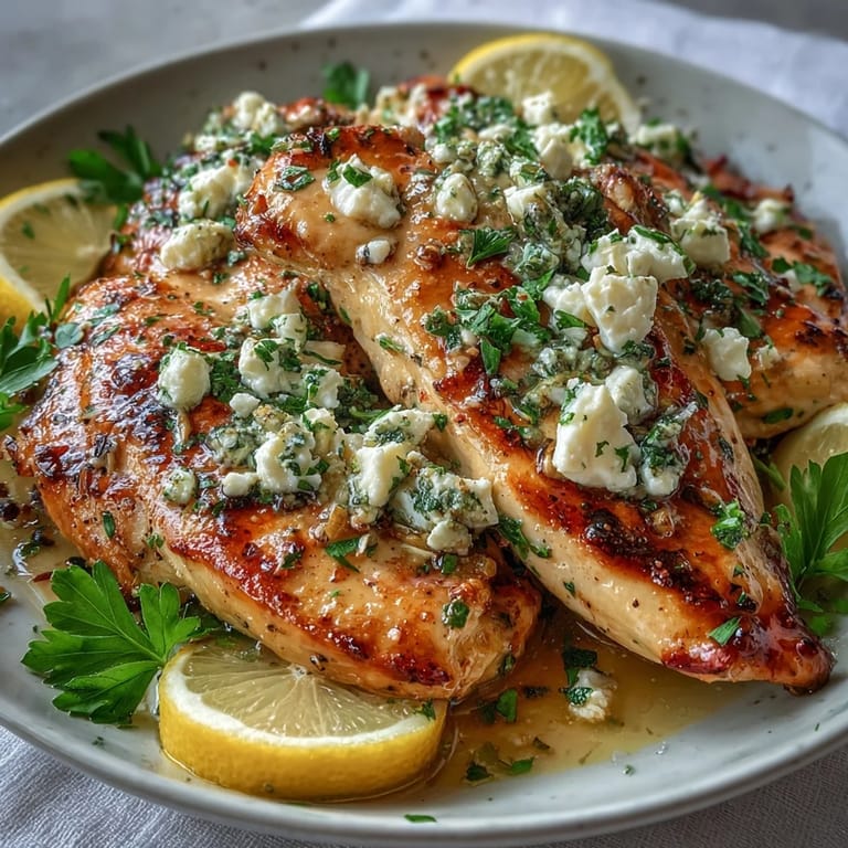 Tender Greek Chicken with Lemon and Feta garnished with fresh parsley and lemon wedges on a rustic wooden table.
