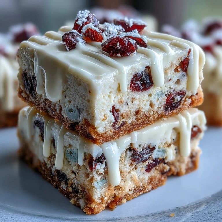 Freshly baked Cranberry Bliss Bars stacked on a white platter, showing creamy orange frosting, white chocolate drizzle, and tart cranberries. 