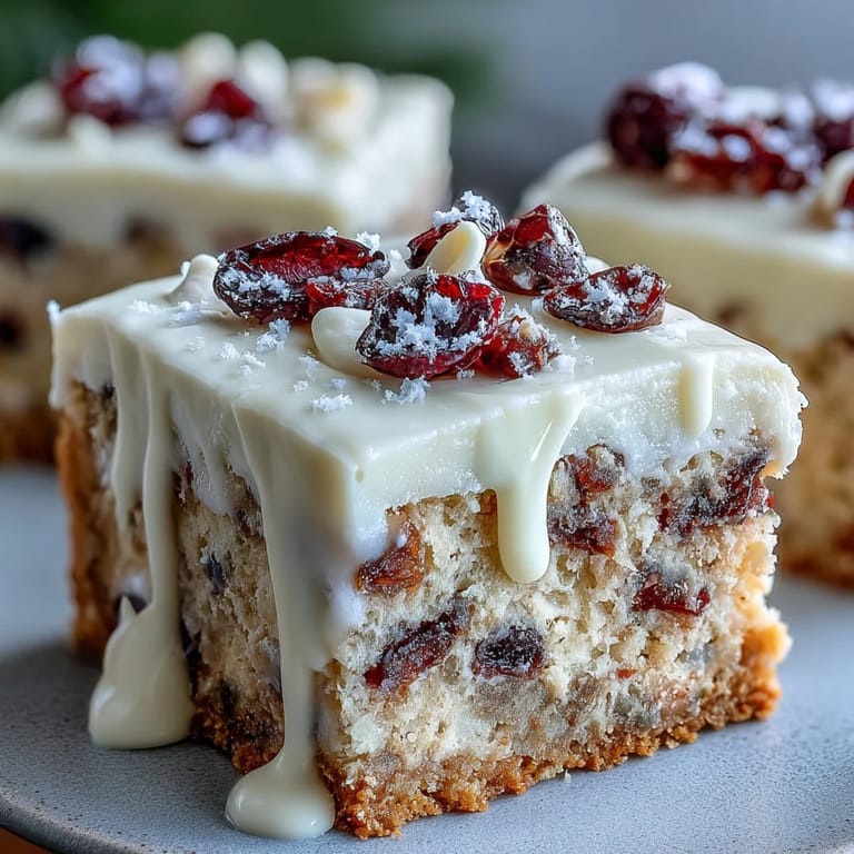 Holiday Cranberry Bliss Bars cut into squares on a marble counter, dusted with powdered sugar and garnished with orange zest and cranberries.