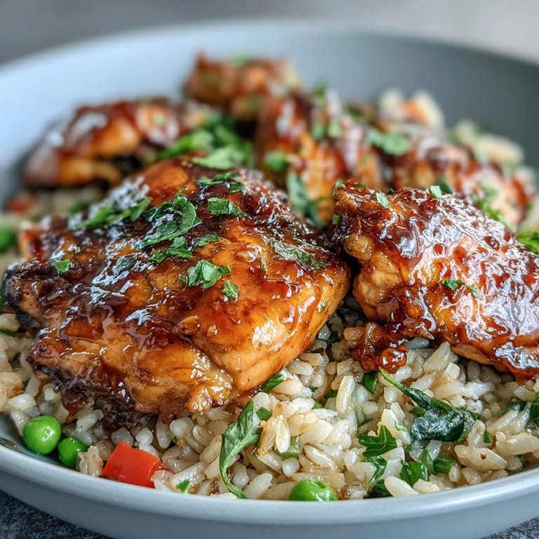 Golden, sticky honey BBQ sauce coats tender chicken pieces resting atop a fluffy bed of seasoned rice and steamed vegetables.