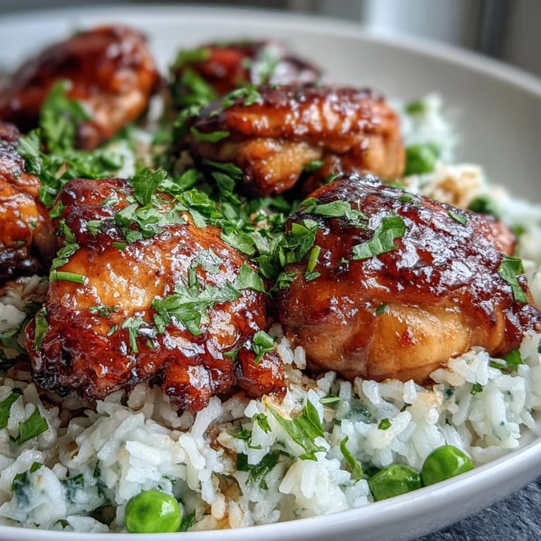 Sizzling One-Pan Bold Honey BBQ Chicken Rice is served family-style, garnished with fresh parsley and a bright wedge of lime.