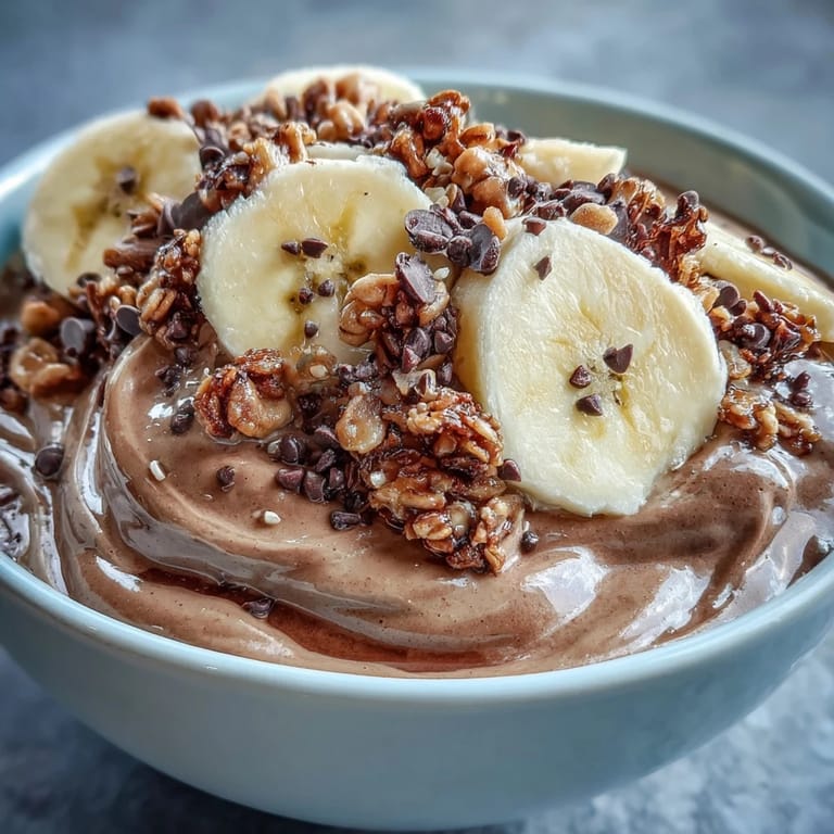 A thick, creamy smoothie bowl inspired by Chunky Monkey flavors, loaded with banana slices and chocolatey granola toppings.  