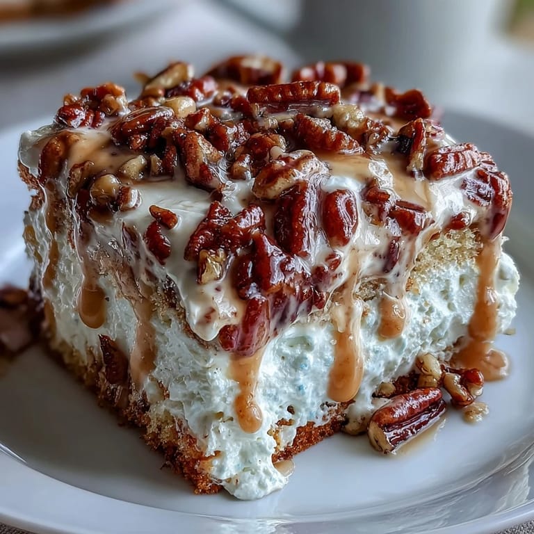 Freshly sliced Butter Pecan Tres Leches Cake reveals moist layers, creamy milk syrup, and caramelized pecan topping on a ceramic plate.