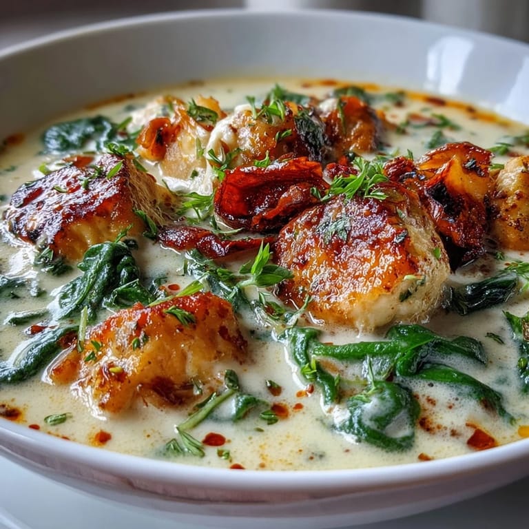 Golden, cheesy soup in a white bowl with steam rising, served alongside crusty bread.