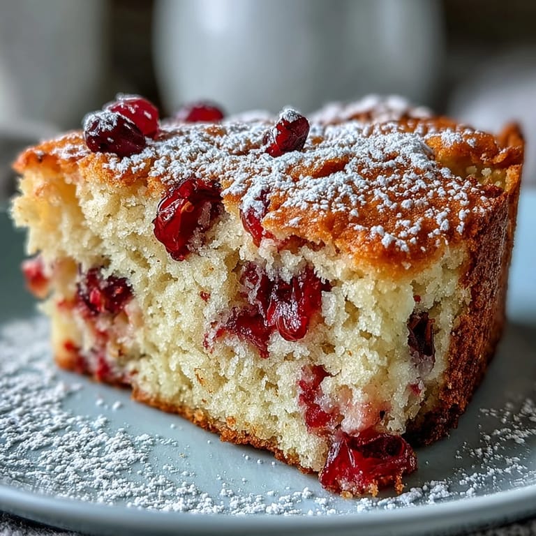 Overhead view of Cranberry Orange Breakfast Cake in a round pan, showcasing juicy cranberry bursts and a golden-brown, citrus-scented crust.