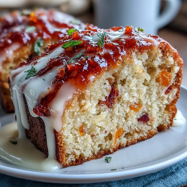 A slice of Heavenly Blood Orange Yogurt Cake reveals fluffy texture, speckled with zest, served on a rustic white plate.  