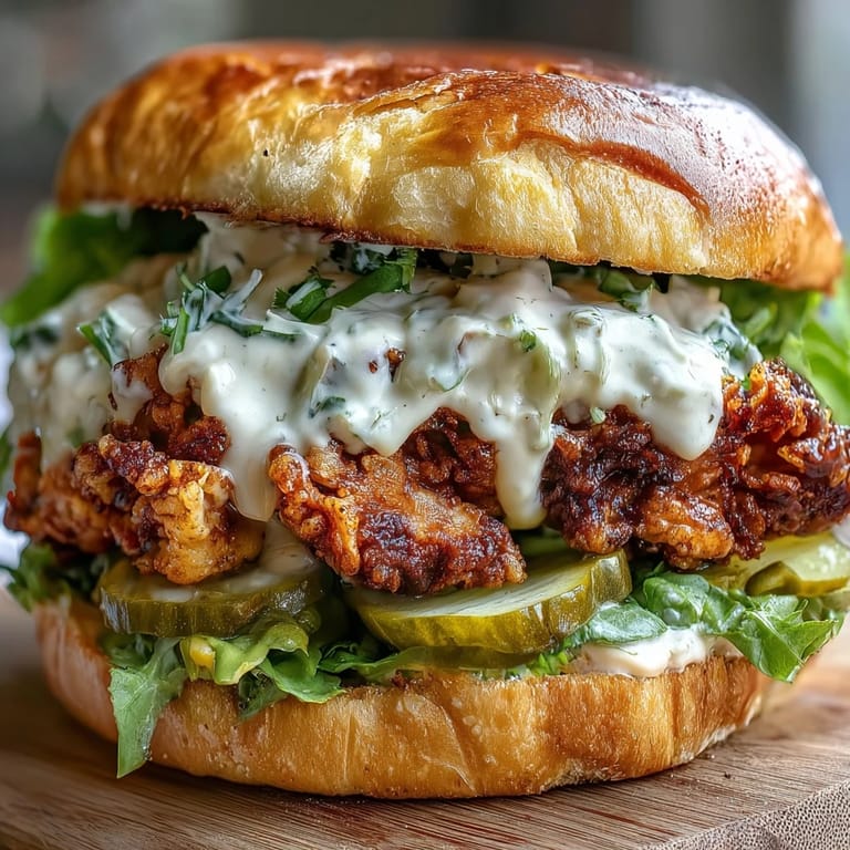 Homestyle Spicy Chicken Sandwich stacked on a buttery brioche bun with crisp lettuce, pickles, and drizzled sauce.