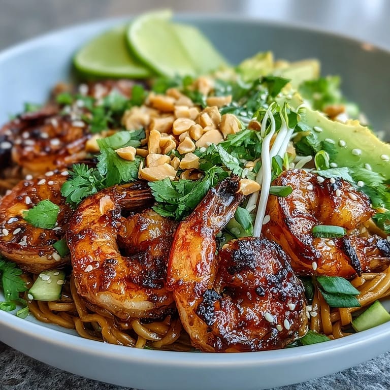 Topped with crisp cucumber, sprouts, and chopped peanuts, this Grilled Shrimp Asian Noodle Bowl glistens with a savory sesame glaze.