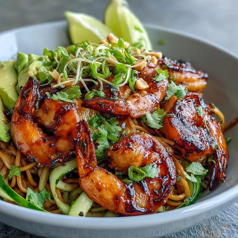 Ready in 30 minutes, the Grilled Shrimp Asian Noodle Bowl features charred shrimp, creamy avocado, and fresh herbs served with lime wedges.