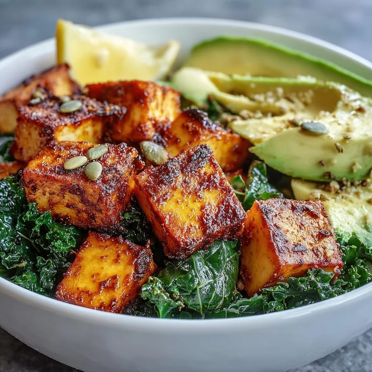 Freshly prepared Tofu Breakfast Bowl with Avocado and Kale showcases fluffy turmeric tofu, bright green kale, and pumpkin seeds for a nourishing vegan breakfast.